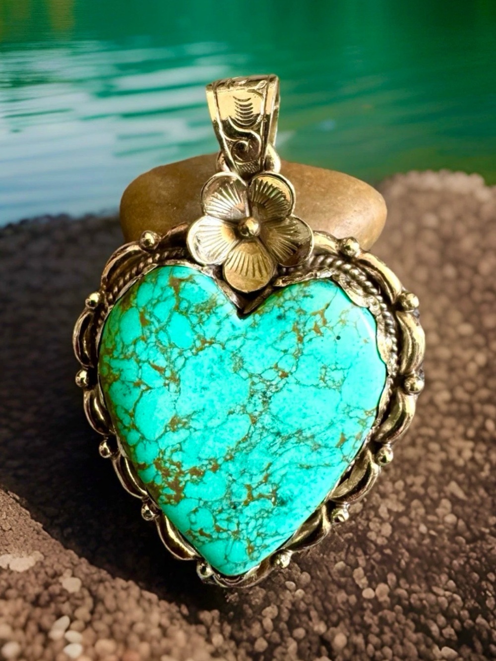 Handcrafted Heart Shape Howlite Turquoise Pendant Set In Silver 3”inch & 29grams - Picture 4 of 8